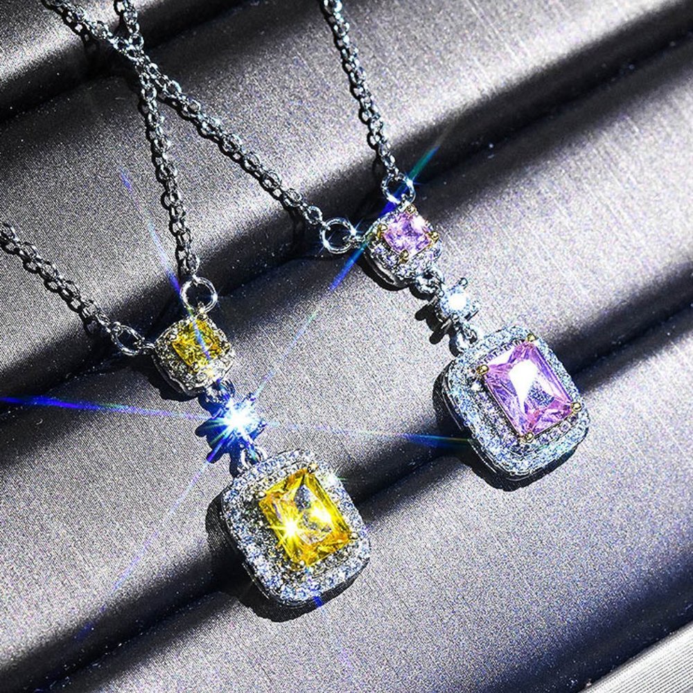 🌸Bling Double Royal Yellow Zircon Silver Plated Necklace for Women, UNVN12412 - Picture 4 of 7